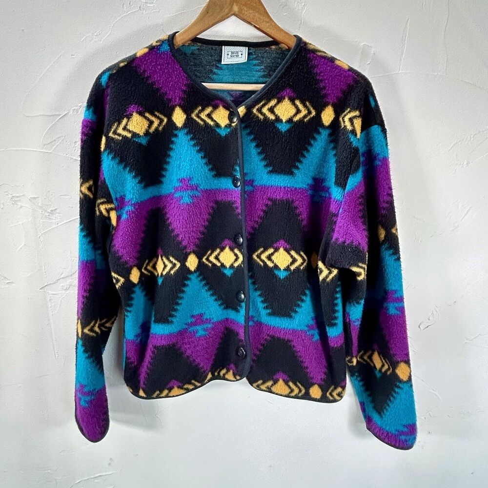 Vintage David Wayne Cardigan Women's Small/Med 80s 90s Fleece Aztec Southwestern